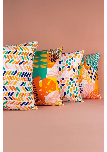 Çift Taraflı Turuncu Yeşil Tropik Geometrik Desenli 4'lü Dijital Baskılı Kırlent Kılıfı Seti 4KMBS247-CT