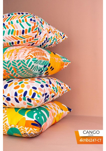 Çift Taraflı Turuncu Yeşil Tropik Geometrik Desenli 4'lü Dijital Baskılı Kırlent Kılıfı Seti 4KMBS247-CT fiyatları
