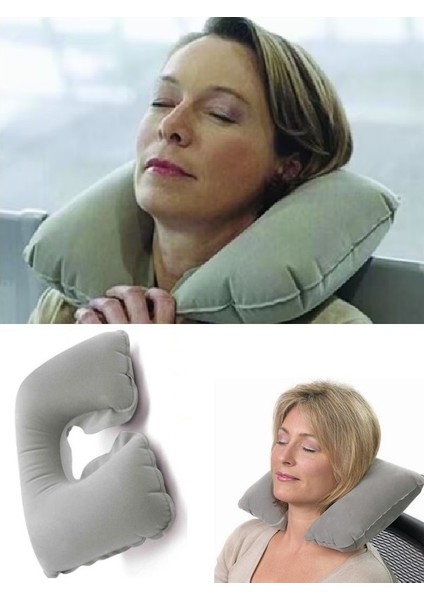 Şişirilebilir Kamp Yastığı Havalı Seyahat Boyunluğu (Gri)