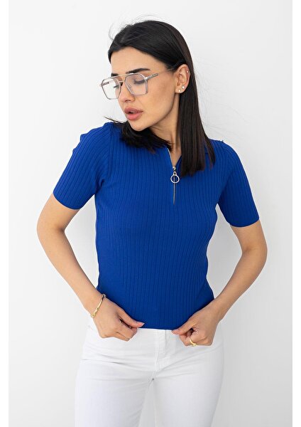 Kadın Saks Mavi Polo Yaka Fermuarlı Crop