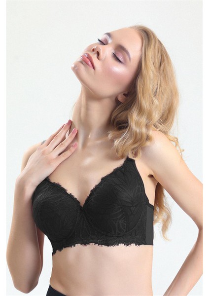 5685 Kadın Dantelli Süngerli Büyük Beden Toparlayıcı Sütyen-Siyah