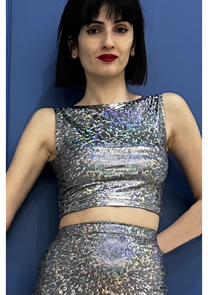 Hologram Sırt Dekolteli Crop Üst