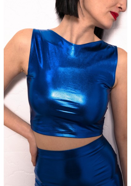 Saks Royal Blue Sırt Dekolteli Metalik Crop Üst