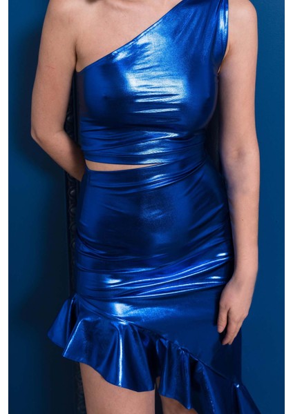 Saks Royal Blue Metalik Tek Omuz Crop Üst