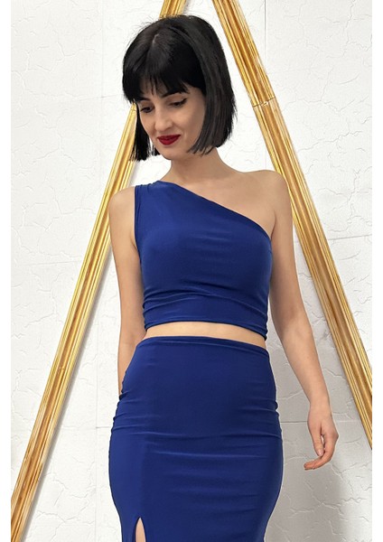 Due Stelle Saks Royal Blue Kırmızı Çift Yönlü Esnek Likralı Tango Tek Omuz Crop Üst