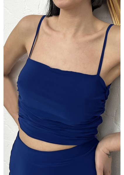 Due Stelle Saks Royal Blue Jarse Büzgülü Askılı Crop Bluz