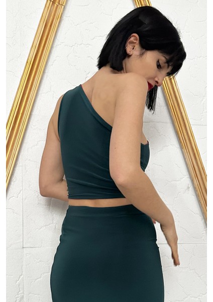 Yeşil Kırmızı Çift Yönlü Esnek Likralı Tango Tek Omuz Crop Üst modelleri