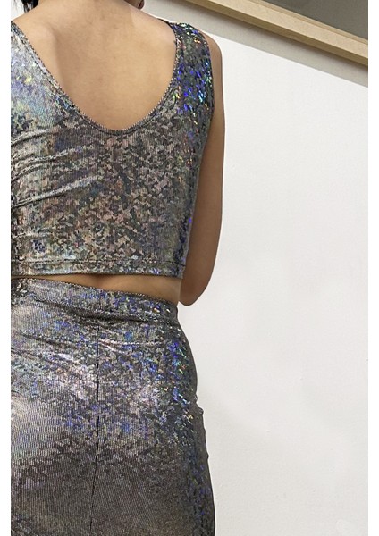 Hologram Sırt Dekolteli Crop Üst indirimleri