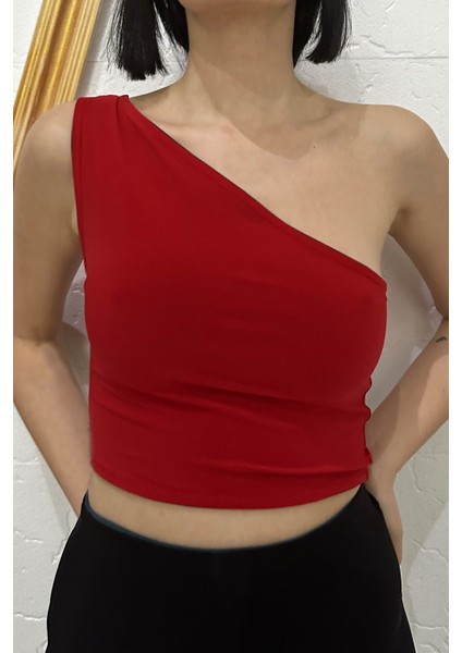 Kırmızı Siyah Çift Yönlü Esnek Likralı Tango Tek Omuz Crop Üst
