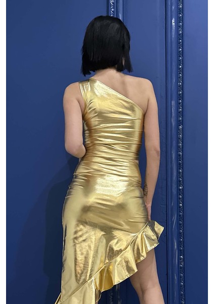 Gold Metalik Tek Omuz Crop Üst