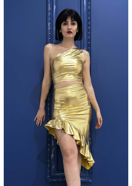 Gold Metalik Tek Omuz Crop Üst fiyatları