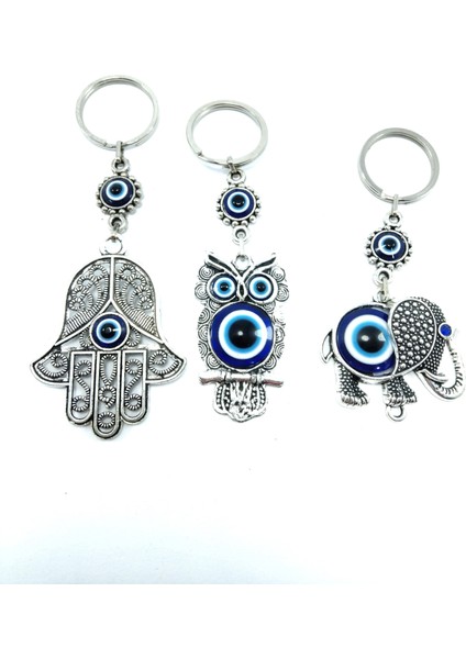 Nazar Boncuğu Anahtarlık Seti Metal Hamse+ Baykuş +Fil Üçlü Hediyelik Eşya