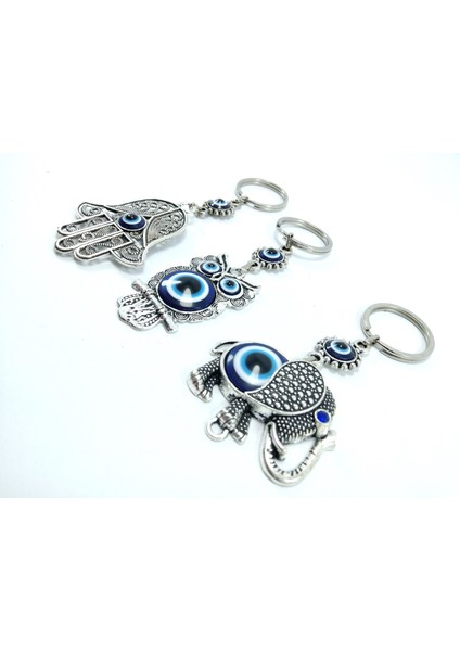 Nazar Boncuğu Anahtarlık Seti Metal Hamse+ Baykuş +Fil Üçlü Hediyelik Eşya fırsatları