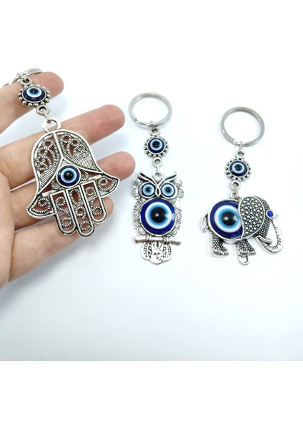 Nazar Boncuğu Anahtarlık Seti Metal Hamse+ Baykuş +Fil Üçlü Hediyelik Eşya indirimleri