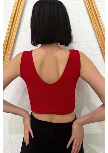 Siyah Kırmızı Çift Yönlü Esnek Likralı Tango Crop Üst