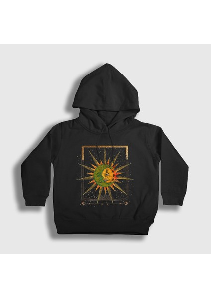 Unisex Çocuk Siyah Celestial Sun Moon Güneş Ay Kapüşonlu Sweatshirt