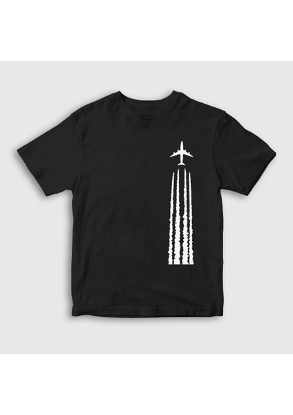 Unisex Çocuk Siyah Contrail Pilot Airplane Uçak T-Shirt