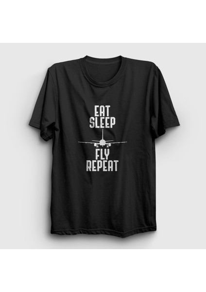 Unisex Siyah Eat Sleep Fly Repeat Pilot Airplane Uçak T-Shirt