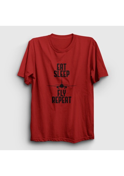 Unisex Kırmızı Eat Sleep Fly Repeat Pilot Airplane Uçak T-Shirt
