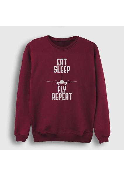Unisex Bordo Eat Sleep Fly Repeat Pilot Airplane Uçak Sweatshirt