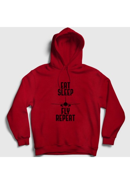 Unisex Kırmızı Eat Sleep Fly Repeat Pilot Airplane Uçak Kapüşonlu Sweatshirt