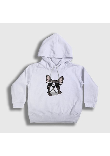 Unisex Çocuk Beyaz French Bulldog Köpek Kapüşonlu Sweatshirt