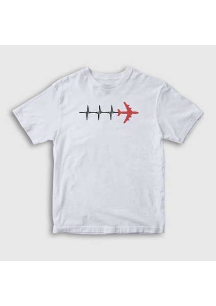 Unisex Çocuk Beyaz Heartbeat Pilot Airplane Uçak T-Shirt