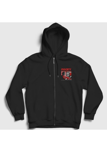Unisex Siyah Hacker Mr Robot Fermuarlı Kapüşonlu Sweatshirt