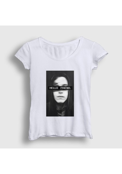 Kadın Beyaz Hello Friend Hacker Mr Robot T-Shirt
