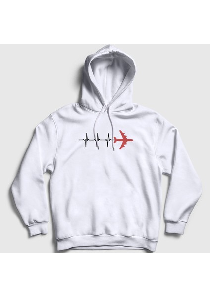 Unisex Beyaz Heartbeat Pilot Airplane Uçak Kapüşonlu Sweatshirt