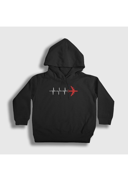 Unisex Çocuk Siyah Heartbeat Pilot Airplane Uçak Kapüşonlu Sweatshirt