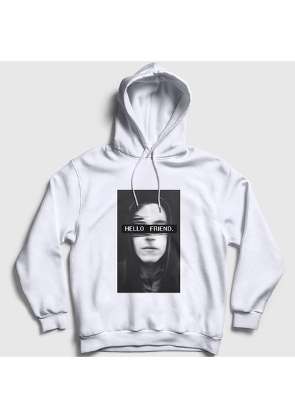 Unisex Beyaz Hello Friend Hacker Mr Robot Kapüşonlu Sweatshirt