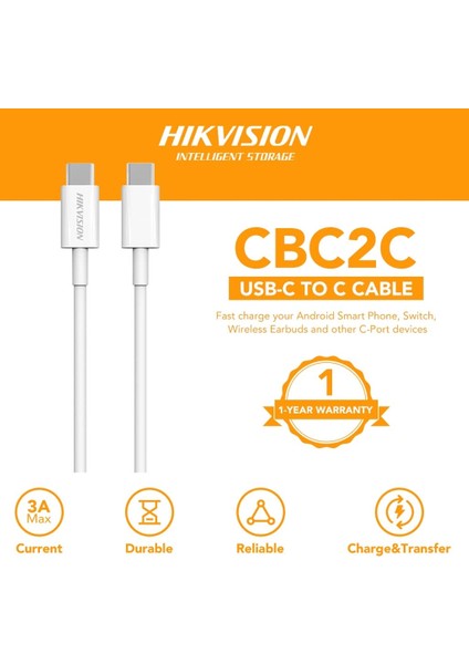 Hıkvısıon Type-C To Type-C USB Kablo 1 Metre Hızlı Şarj 20V/3A Güç Çıkışı Data Kablosu 60W'A Kadar CBC2C