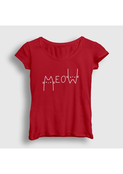 Kadın Kırmızı Meow Cat Kedi T-Shirt