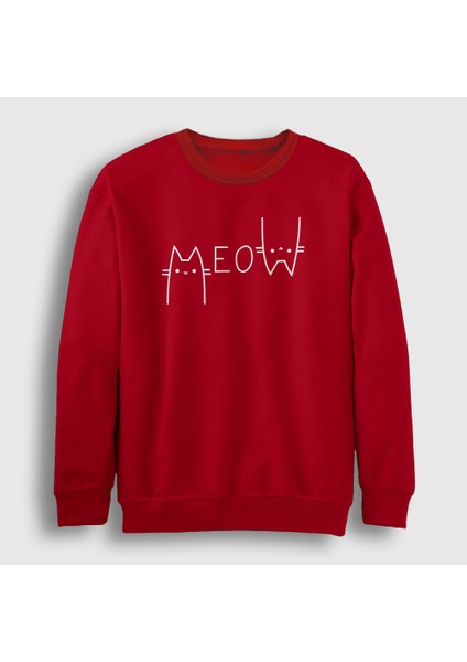 Unisex Kırmızı Meow Cat Kedi Sweatshirt