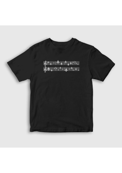 Unisex Çocuk Siyah Music Pilot Airplane Uçak T-Shirt