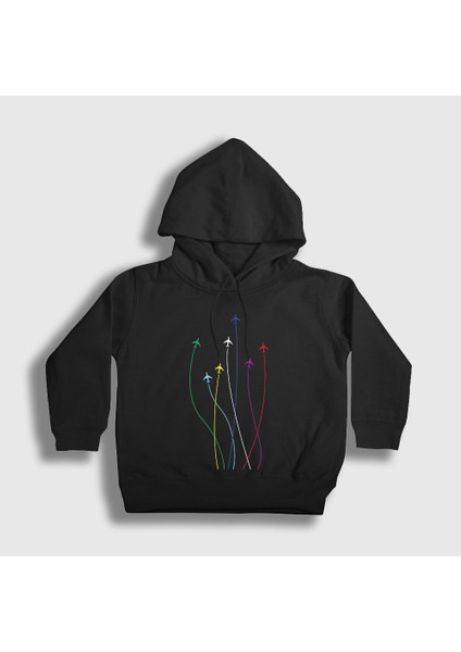 Unisex Çocuk Siyah Rainbow Pilot Airplane Uçak Kapüşonlu Sweatshirt