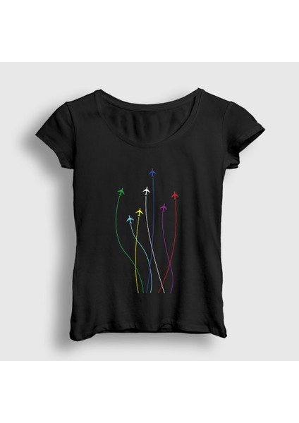 Kadın Siyah Rainbow Pilot Airplane Uçak T-Shirt