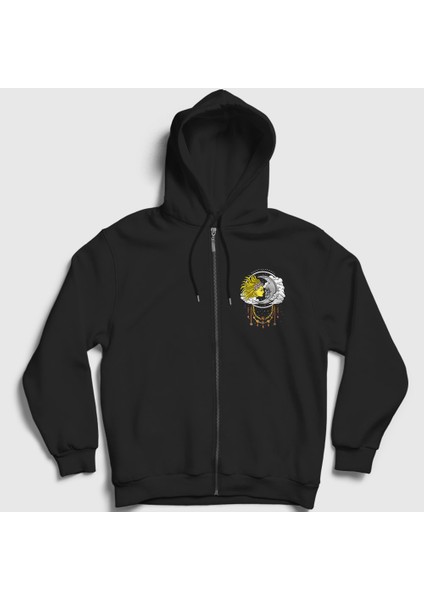 Unisex Siyah Witchcraft Sun Moon Güneş Ay Fermuarlı Kapüşonlu Sweatshirt