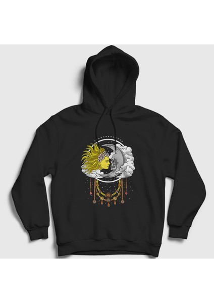 Unisex Siyah Witchcraft Sun Moon Güneş Ay Kapüşonlu Sweatshirt