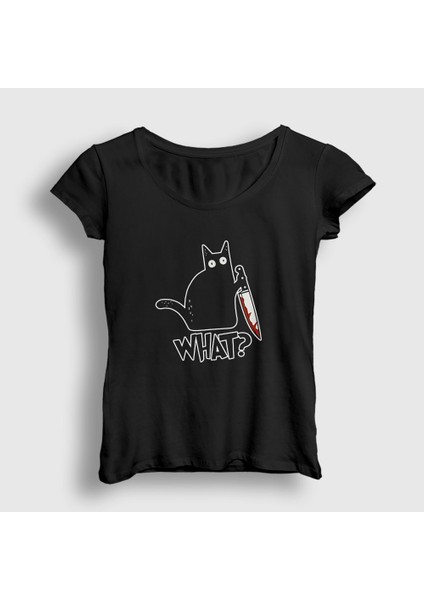 Kadın Siyah What Cat Kedi T-Shirt