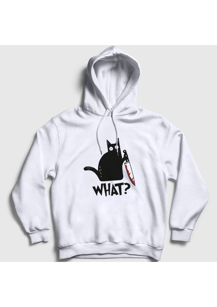 Unisex Beyaz What Cat Kedi Kapüşonlu Sweatshirt