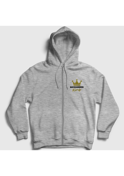 Unisex Gri Backgammon King Tavla Kralı Oyun Fermuarlı Kapüşonlu Sweatshirt