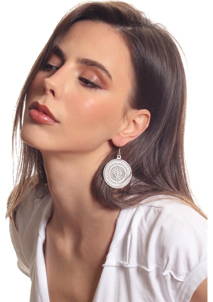 Kadın Antik Gümüş Kaplama Sallantılı Model Dairesel Formlu Hayat Ağacı Baskılı Küpe