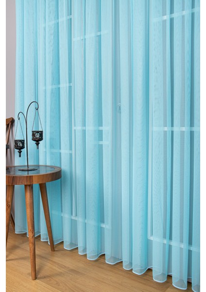 Taç Turkuaz Düz Renk, 1/3 Sık Pile Tül Perde Tek Kanat - 100 x 250 cm