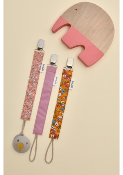 3'lü Çıtır Çiçek Desenli Emzik Askısı Seti - Emzik Zinciri - %100 Pamuk Kumaş