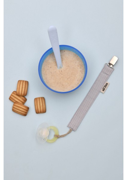 Gri Beyaz Çizgili Emzik Askısı - Kumaş Pamuk Bağcıklı Emzik Zinciri - Emzik Tutacağı