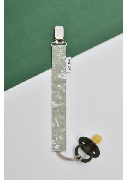 %100 Pamuk Kumaşlı Emzik Askısı/emzik Zinciri - Yağ Yeşili Çiçekli