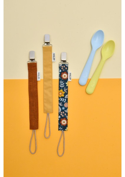 Kiremit Sarı Mavi Çiçekli Emzik Askısı Seti - 3'lü Emzik Zinciri Seti - %100 Pamuk Kumaş