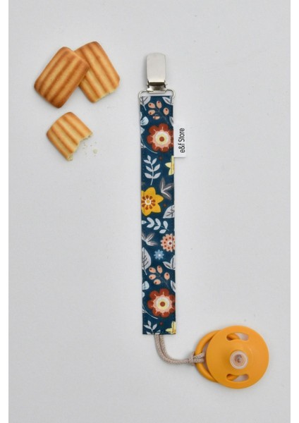 Kiremit Sarı Mavi Çiçekli Emzik Askısı Seti - 3'lü Emzik Zinciri Seti - %100 Pamuk Kumaş fırsatları
